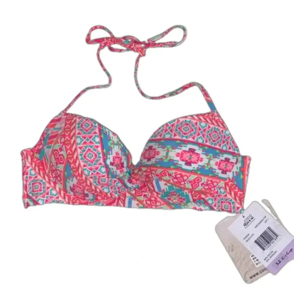 NWT 32C Coco Rave bright halter bikini top white pink orange light padding - Picture 1 of 11